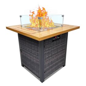 Outdoor Fire Pit 50,000 BTU Propane Gas Fire Table with Lid Fireplace with Glass Wind Guard Wicker Base for Garden, Patio, Backyard - 28Inch