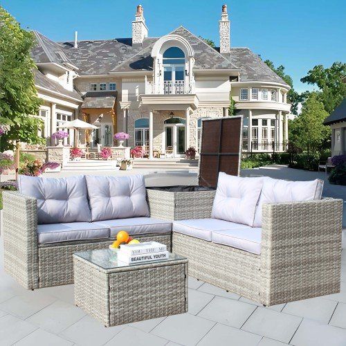 4 Piece Patio Sectional Wicker Rattan Outdoor Furniture Sofa Set With Storage Box Grey 4 Piece Patio Sectional Wicker Rattan Outdoor Furniture Sofa Set With Storage Box Grey