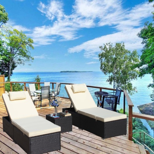 3-Piece Outdoor Patio Furniture Set Chaise Lounge, Patio Reclining Rattan Lounge Chair Chaise Couch Cushioned With Glass Coffee Table, Adjustable Back 3-Piece Outdoor Patio Furniture Set Chaise Lounge, Patio Reclining Rattan Lounge Chair Chaise Couch Cushioned With Glass Coffee Table, Adjustable Back
