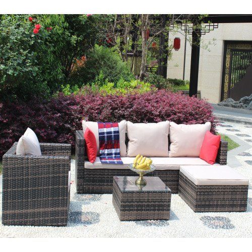 Rattan Patio Furniture Set Wicker Sofa Cushioned Sectional Furniture Set Garden Patio Sofa Set 4 Pieces, Brown Rattan Patio Furniture Set Wicker Sofa Cushioned Sectional Furniture Set Garden Patio Sofa Set 4 Pieces, Brown