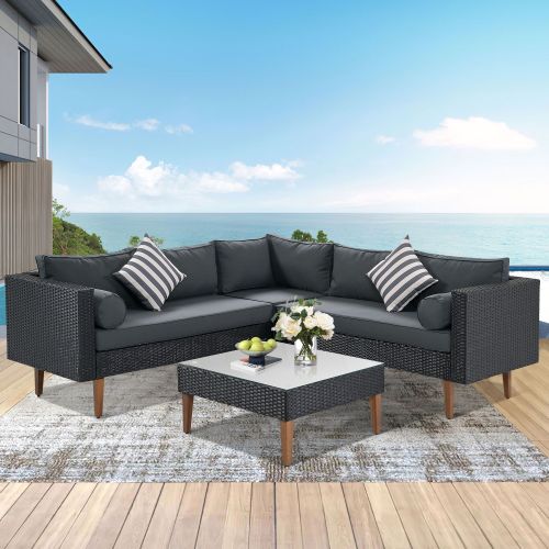 4-pieces Outdoor Wicker Sofa Set; Patio Furniture with Colorful Pillows; L-shape sofa set; Beige cushions and Brown Rattan 4-pieces Outdoor Wicker Sofa Set; Patio Furniture with Colorful Pillows; L-shape sofa set; Beige cushions and Brown Rattan