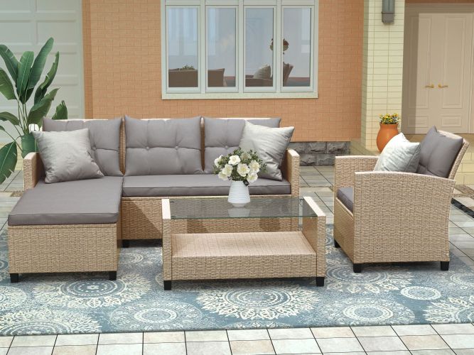 Outdoor; Patio Furniture Sets; 4 Piece Conversation Set Wicker Ratten Sectional Sofa with Seat Cushions Outdoor; Patio Furniture Sets; 4 Piece Conversation Set Wicker Ratten Sectional Sofa with Seat Cushions