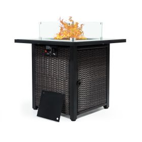 Outdoor Fire Pit 50,000 BTU Propane Gas Fire Table with Lid Fireplace with Glass Wind Guard Wicker Base for Garden, Patio, Backyard (size: 28inch)