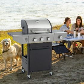 Propane Grill 3 Burner Barbecue Grill Stainless Steel Gas Grill with Side Burner, 37,000 BTU Outdoor Cooking, Patio, Garden Barbecue Grill (Grill Body Material: Stainless Steel)