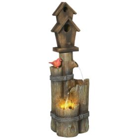 Outsunny Outdoor Fountain with Birdhouse, Cascading Garden Waterfall Bird Bath with 3-Tier Rustic Tree Trunk / Log Design, LED Lights for Porch, Deck (Color: as Pic)