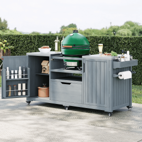 66.5" Outdoor Kitchen Island for Big Green Egg Grills, Solid Wood Outdoor Grill Cart for Tabletop Grill with Stainless Steel Top, Drawer (Color: Grey+Blue, Material: Wood + Stainless Steel)