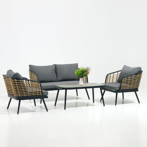 4 Pieces Patio Furniture Set, PE Rattan Wicker 4 Pcs Outdoor Sofa Set w/Washable Cushion and Tempered Glass Tabletop 4 Pieces Patio Furniture Set, PE Rattan Wicker 4 Pcs Outdoor Sofa Set w/Washable Cushion and Tempered Glass Tabletop