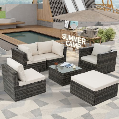 Patio Furniture, Outdoor Furniture, Seasonal PE Wicker Furniture, 6 Set Wicker Furniture With Tempered Glass Coffee Table Patio Furniture, Outdoor Furniture, Seasonal PE Wicker Furniture, 6 Set Wicker Furniture With Tempered Glass Coffee Table